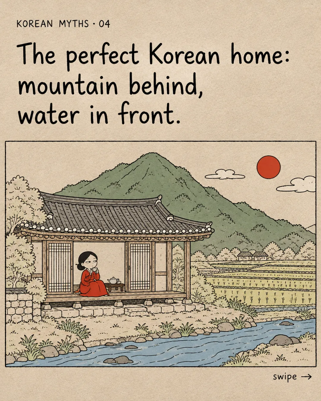 The perfect Korean home: mountain behind, water in front.