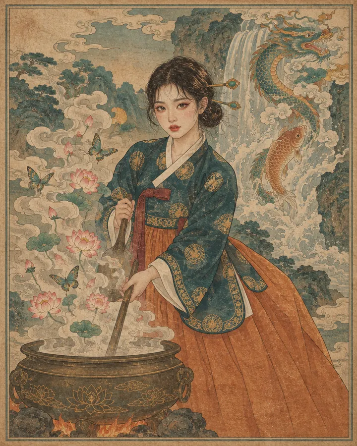 The Alchemist: Bari, the guide, painted in the Korean minhwa style