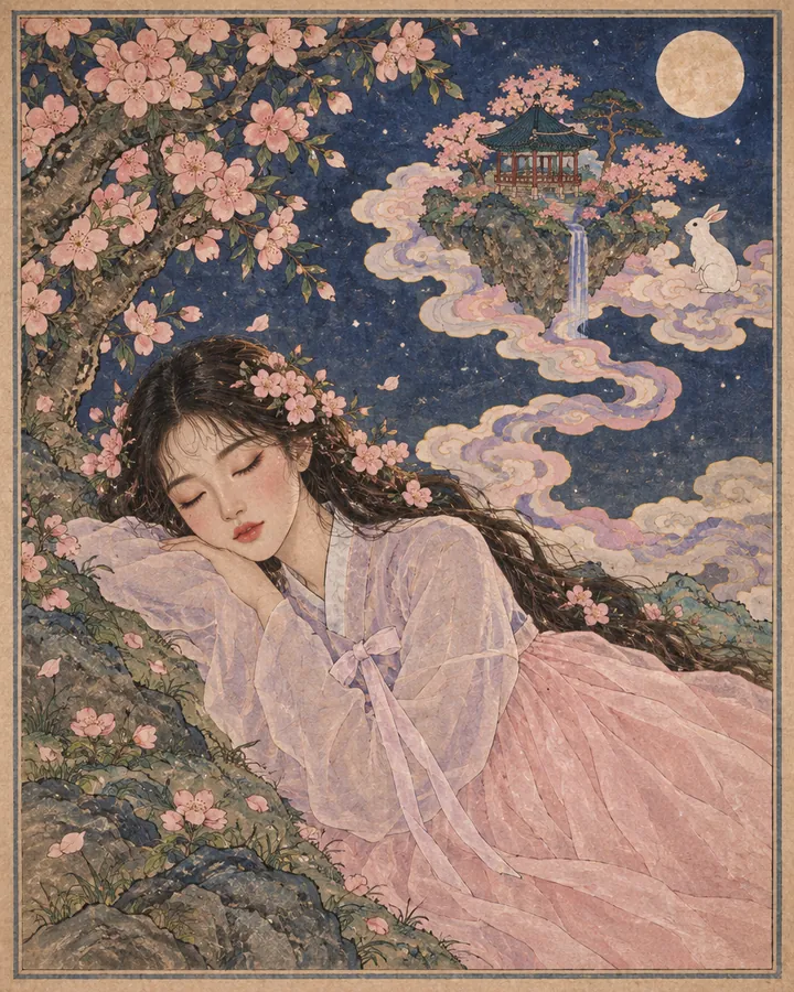 The Dreamer: Bari, the guide, painted in the Korean minhwa style