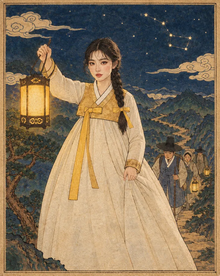 The Guide: Bari, the guide, painted in the Korean minhwa style