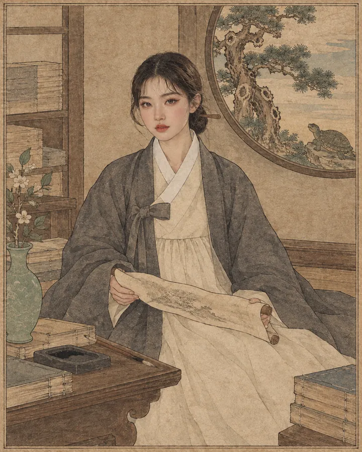 The Sage: Bari, the guide, painted in the Korean minhwa style