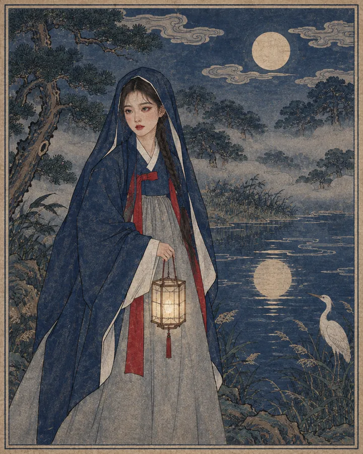 The Seer: Bari, the guide, painted in the Korean minhwa style