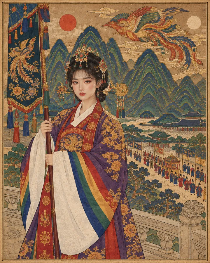 The Sovereign: Bari, the guide, painted in the Korean minhwa style