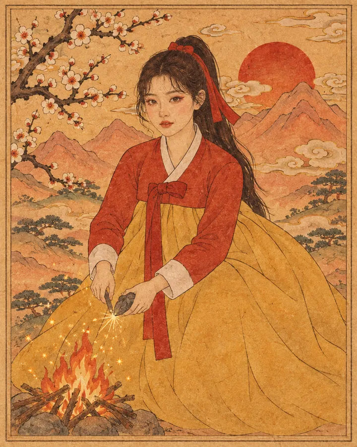 The Spark: Bari, the guide, painted in the Korean minhwa style