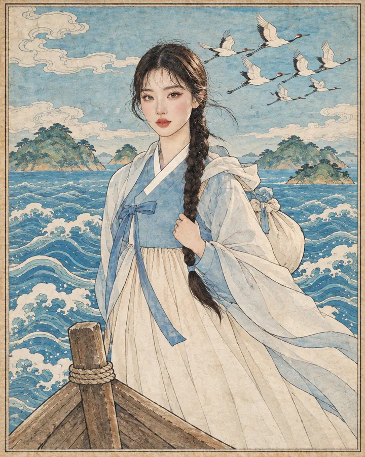 The Voyager: Bari, the guide, painted in the Korean minhwa style