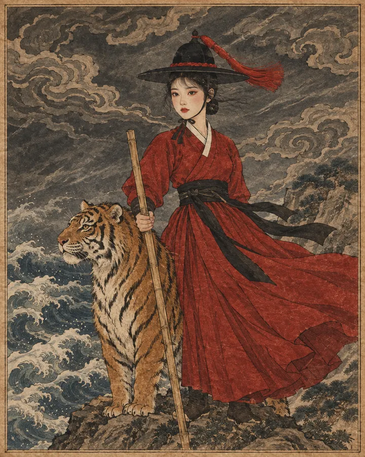 The Warrior: Bari, the guide, painted in the Korean minhwa style