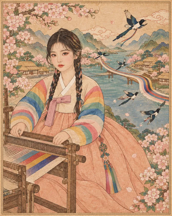 The Weaver: Bari, the guide, painted in the Korean minhwa style